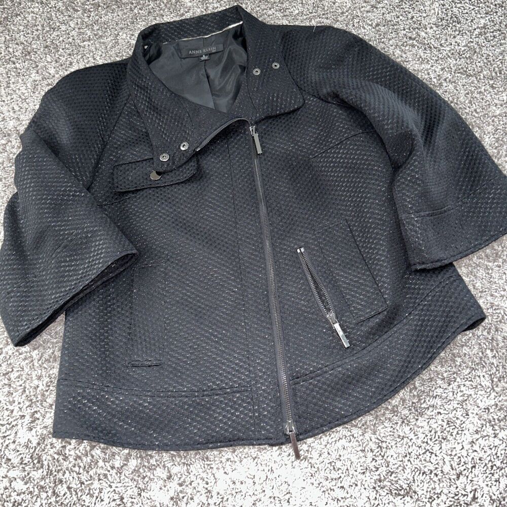 Anne Klein Black Textured Moto Jacket Zipper Front Snap Accent 8‎